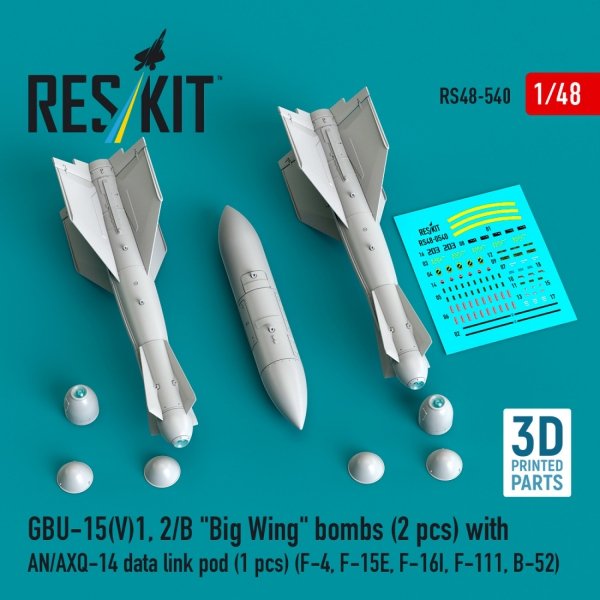 RESKIT RS48-0540 GBU-15(V)1, 2/B "Big Wing" bombs (2 pcs) with AN/AXQ-14 data link pod (1 pcs) (3D Printed) 1/48