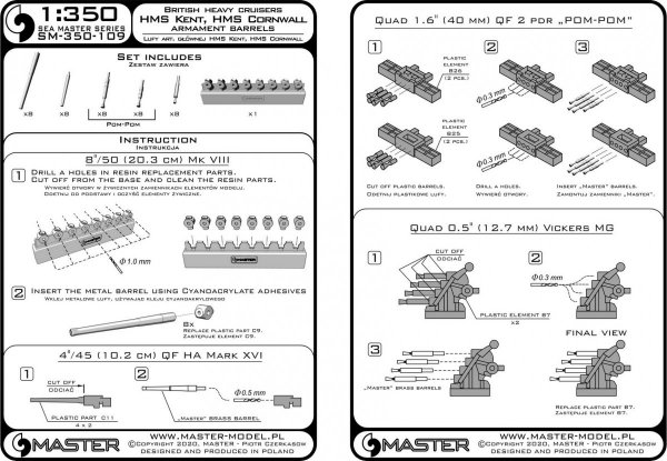Master SM-350-109 HMS Cornwall, HMS Kent - uzbrojenie do modelu Trumpetera 1/350