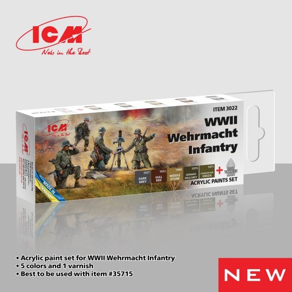 ICM 3022 Acrylic Paint Set for WWII Wehrmacht Infantry 5x12ml + Maat Varnish