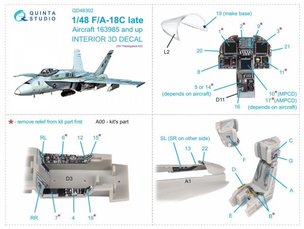 Quinta Studio QD48302 F/A-18C late 3D-Printed &amp; coloured Interior on decal paper (Hasegawa) 1/48