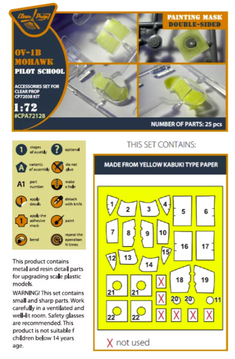 Clear Prop! CPA72128 OV-1B Mohawk &quot;Pilot School&quot; painting mask on &quot;yellow kabuki paper&quot; for CP kit CP72038 1/72