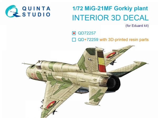 Quinta Studio QD72257 MiG-21MF (Gorkiy plant) 3D-Printed &amp; coloured Interior on decal paper (Eduard) 1/72