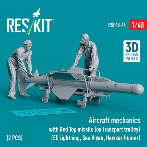 RESKIT RSF48-0044 Aircraft mechanics with Red Top missile (on transport trolley) (EE Lightning, Sea Vixen, Hawker Hunter) (2 pcs) (3D Printed) (1/48)
