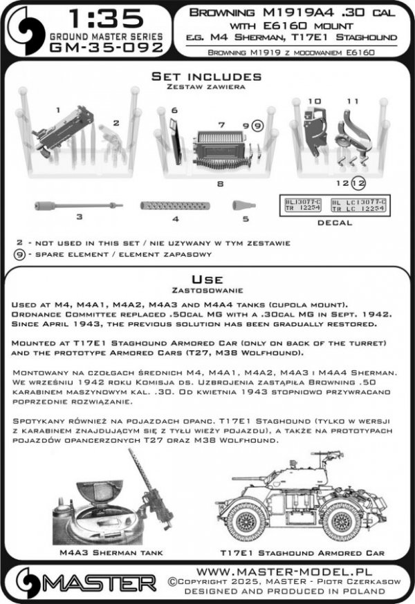 Master GM-35-092 Browning M1919 A4 .30 cal (7,62mm) - mocowanie E6160 - używany np. na M4 Sherman, T17E1 Staghound 1/35