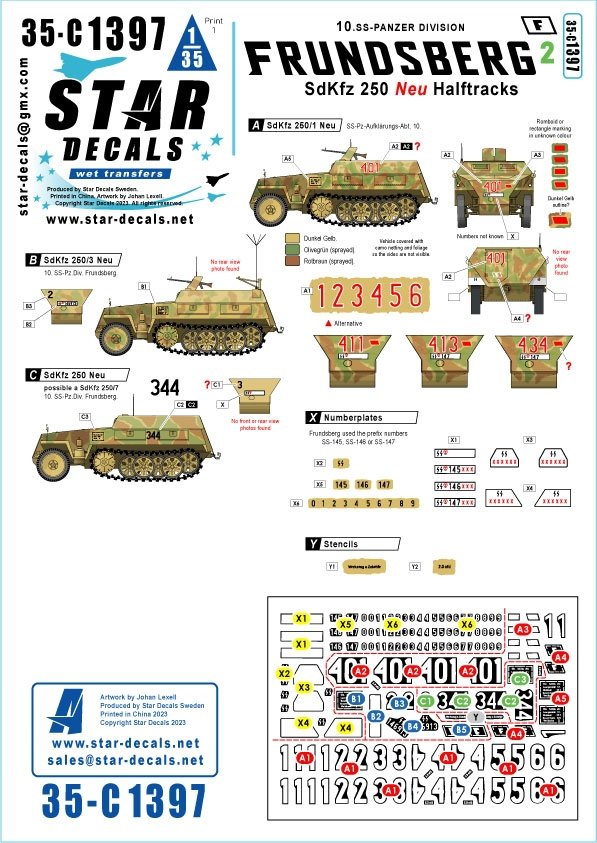 Star Decals 35-C1397 Frundsberg 2. 10. SS-Panzer Division. SdKfz 250 NEU versions. SdKfz 250/1, SdKfz 250/3, SdKfz 250/7 1/35