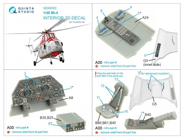 Quinta Studio QD48322 Mi-4 3D-Printed &amp; coloured Interior on decal paper (Trumpeter) 1/48