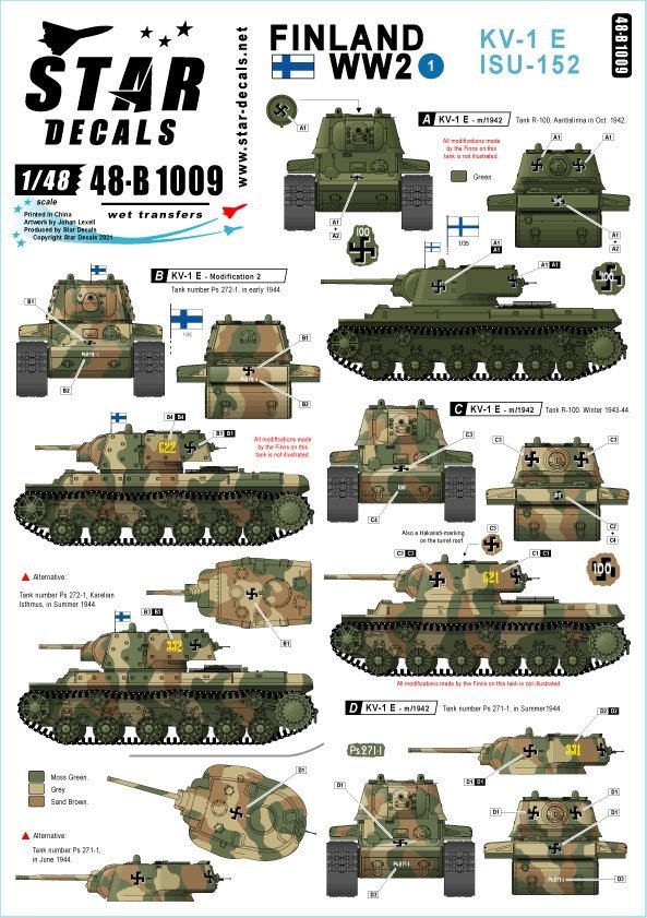 Star Decals 48-B1009 Finland WW2 # 1. KV-1E and ISU-152 heavy tanks 1/48