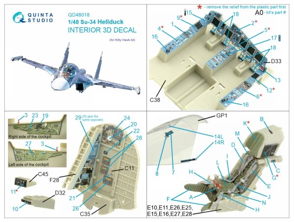 Quinta Studio QD48018 Su-34 3D-Printed coloured Interior on decal paper (KittyHawk) 1/48