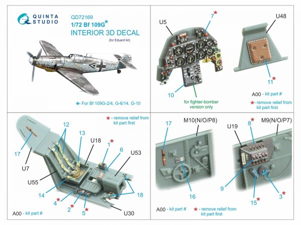 Quinta Studio QD72169 Bf 109G 3D-Printed coloured Interior on decal paper (Eduard) 1/72