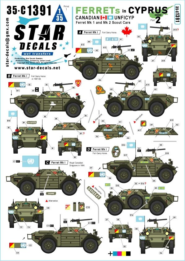 Star Decals 35-C1391 Ferrets in Cyprus # 2. Canadian UNFICYP Ferret Mk 1 and Mk 2 1/35