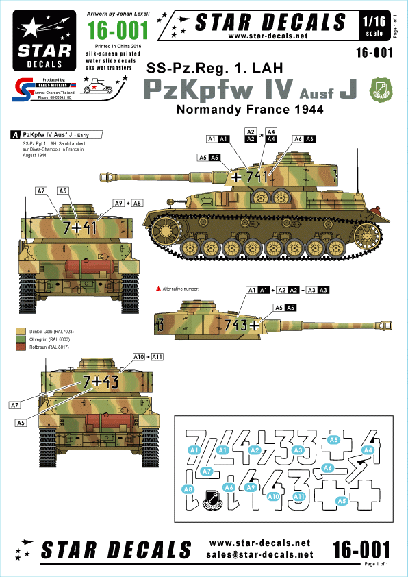 Star Decals 16-001 PzKpfw IV Ausf J - SS-Pz.Reg. 1 LAH 1/16