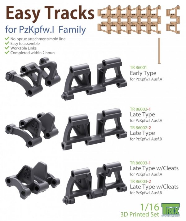 T-Rex Studio TR86003-1 PzKpfw I Tracks Late Type w/Cleats for Ausf.A only 1/16