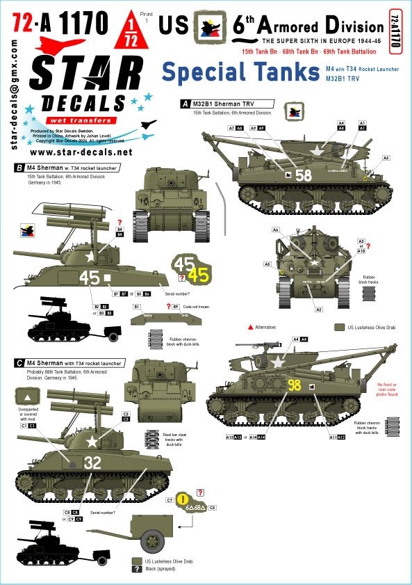 Star Decals 72-A1170 US 6th Armored Division 4. The Super-Sixth in Europe 1944-45. Special Tanks 1/72