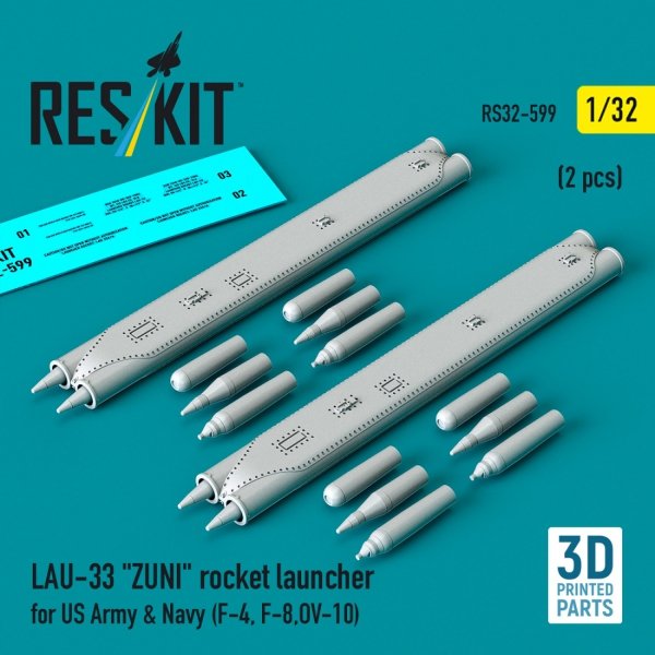 RESKIT RS32-0599 LAU-33 "ZUNI" rocket launcher for US Army &amp; Navy (2 pcs) (F-4, F-8, OV-10) (3D Printed) (1/32)
