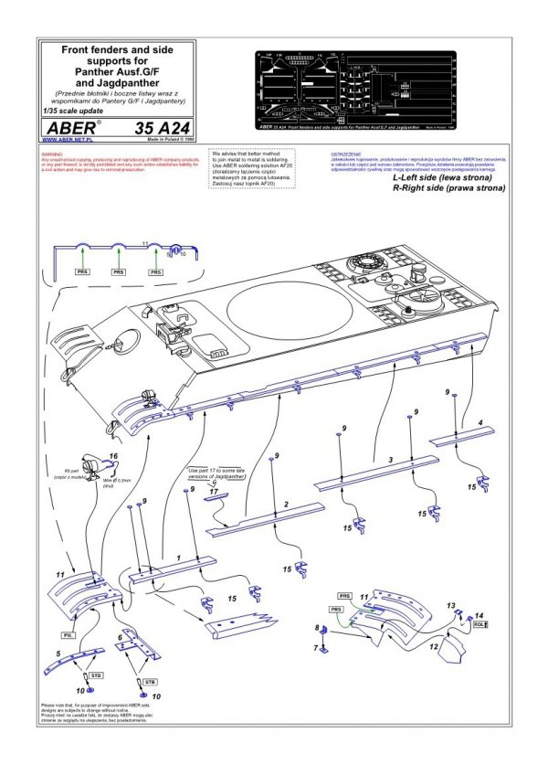 Aber 35A024 Przednie błotniki oraz boczne listwy do Panther, Ausf.G i Jagdpanther (1:35)