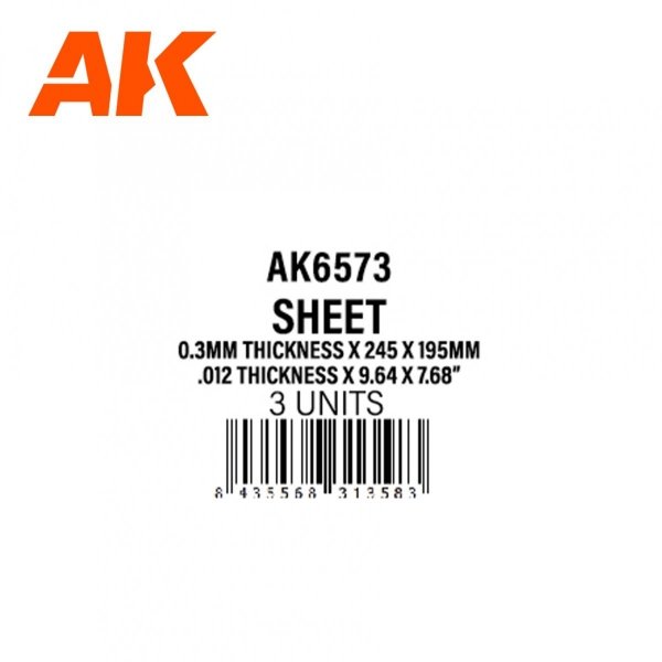 AK Interactive AK6573 0.3MM THICKNESS X 245 X 195MM – STYRENE SHEET – (3 UNITS)