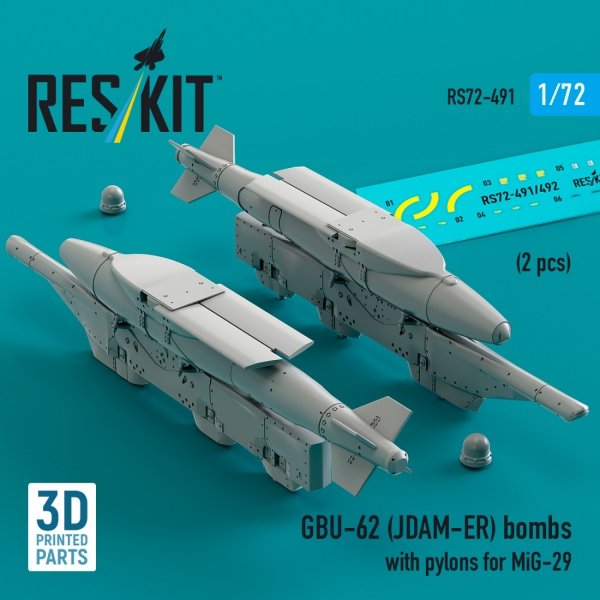 RESKIT RS72-0491 GBU-62 (JDAM-ER) bombs with pylons for MiG-29 "Fulcrum" (2 pcs) (3D Printed) (1/72)