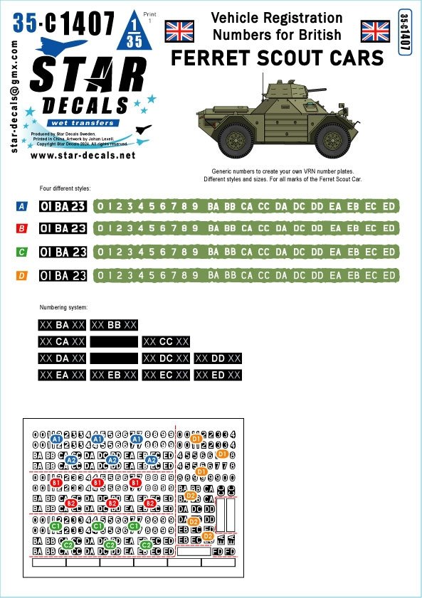 Star Decals 35-C1407 Ferret Scout Cars Vehicle Registration Numbers for British Ferrets. Four different number/letter styles 1/35