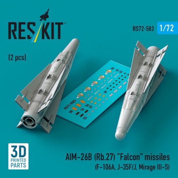 RESKIT RS72-0503 AIM-26B (Rb.27) "Falcon" missiles (2 pcs) (F-106A, J-35F/J, Mirage III-S) (3D Printed) (1/72)