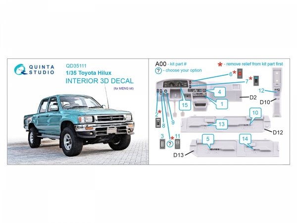 Quinta Studio QD35111 Toyota Hilux 3D-Printed &amp; coloured Interior on decal paper (MENG) 1/35