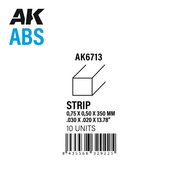 AK Interactive AK6713 STRIPS 0.75 X 0.50 X 350MM – ABS STRIP – 10 UNITS PER BAG