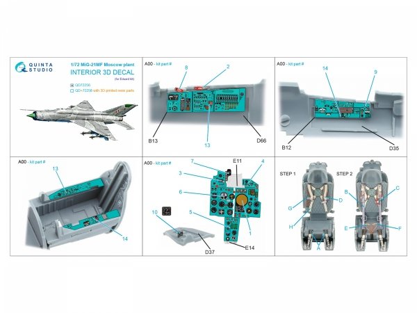 Quinta Studio QD72256 MiG-21MF (Moscow plant) 3D-Printed &amp; coloured Interior on decal paper (Eduard) 1/72