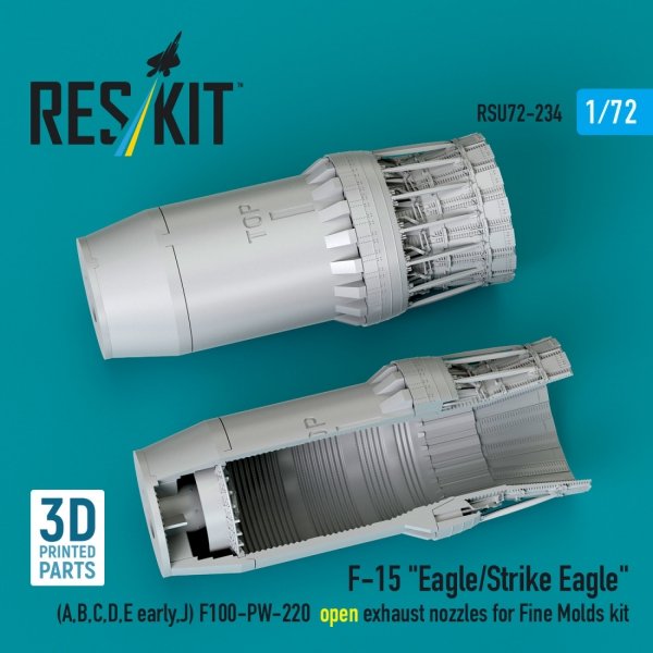RESKIT RSU72-0234 F-15 "Eagle/Strike Eagle" (A,B,C,D,E early,J) F100-PW-220 open exhaust nozzles for Fine Molds kit (3D Printed) 1/72