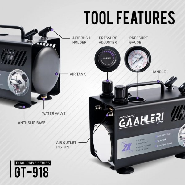 Gaahleri 42878 Dual Drive Series Airbrush Kit Compressor GT-918 (EU)