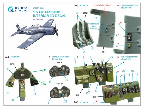 Quinta Studio QD72148 F6F-5 Hellcat 3D-Printed coloured Interior on decal paper (Eduard) 1/72