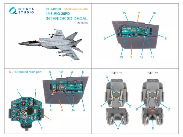 Quinta Studio QD+48560 MiG-25PD 3D-Printed &amp; coloured Interior on decal paper (ICM) (with 3D-printed resin parts) 1/48