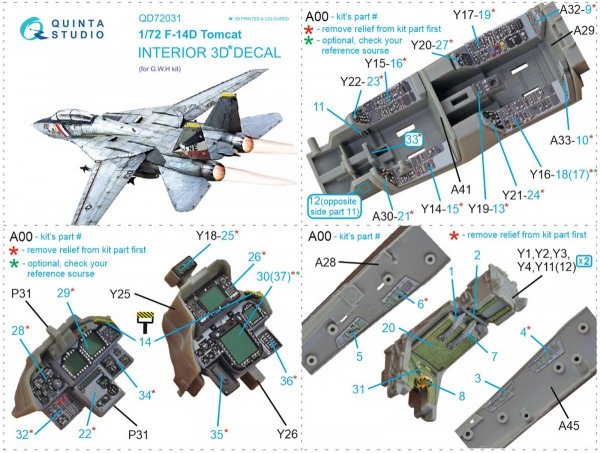 Quinta Studio QD72031 F-14D 3D-Printed &amp; coloured Interior on decal paper (GWH) 1/72