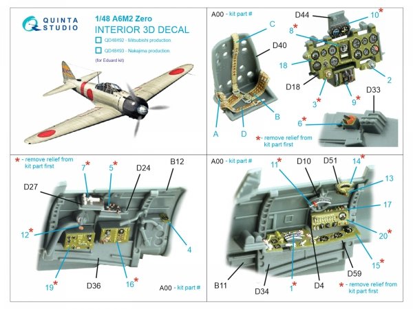 Quinta Studio QD48493 A6M2 Zero Nakajima Production 3D-Printed coloured Interior on decal paper (Eduard) 1/48