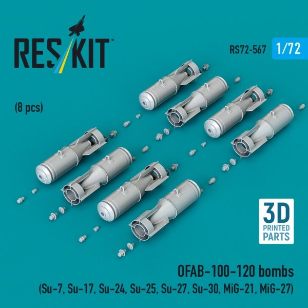 RESKIT RS72-0567 OFAB-100-120 bombs (8 pcs) (Su-7, Su-17, Su-24, Su-25, Su-27, Su-30, MiG-21, MiG-27) (3D Printed) (1/72)