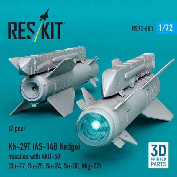 RESKIT RS72-0601 Kh-29T (AS-14B Kedge) missiles with AKU-58 (2 pcs) Su-17, Su-25,Su-24, Su-30, Mig-27 (3D Printed) (1/72)