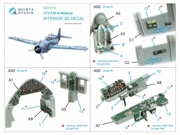 Quinta Studio QD72115 F4F-4 Wildcat 3D-Printed coloured Interior on decal paper (Arma Hobby) 1/72