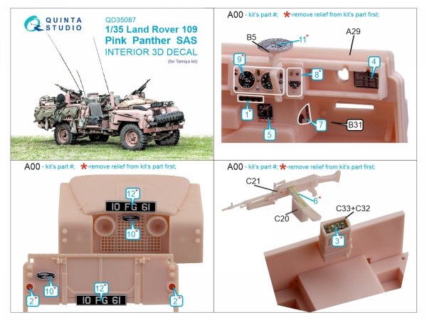 Quinta Studio QD35087 Land Rover 109 Pink Panther SAS 3D-Printed &amp; coloured Interior on decal paper (Tamiya) 1/35