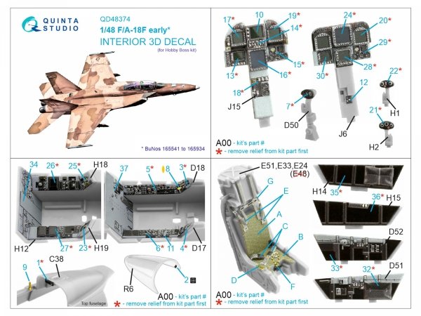 Quinta Studio QD48374 F/A-18F early 3D-Printed &amp; coloured Interior on decal paper (Hobby Boss) 1/48