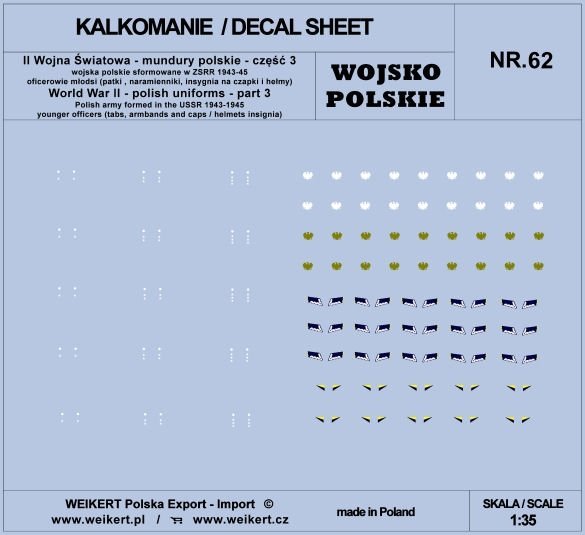 Weikert Decals DEC262 Mundury polskie - patki, naramienniki, insygnia na czapki i hełmy - cześć 3 - vol.62 1/35
