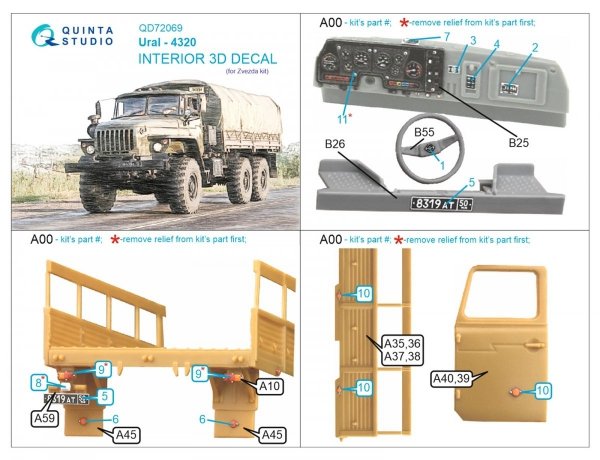 Quinta Studio QD72069 Ural-4320 3D-Printed &amp; coloured Interior on decal paper (Zvezda) 1/72