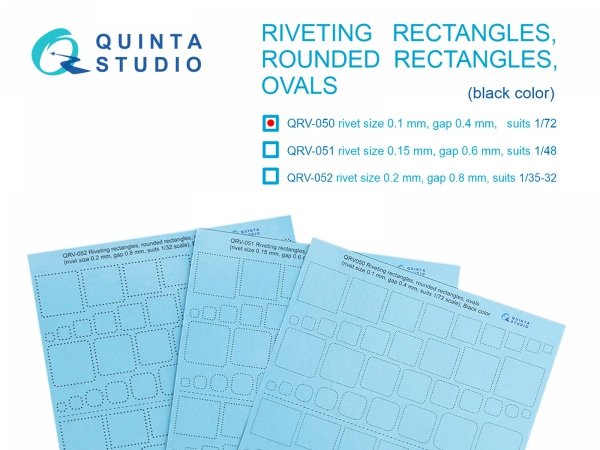 Quinta Studio QRV-050 Riveting rectangles, rounded rectangles and ovals (rivet size 0.10 mm, gap 0.4 mm, suits 1/72), Black color 1/72