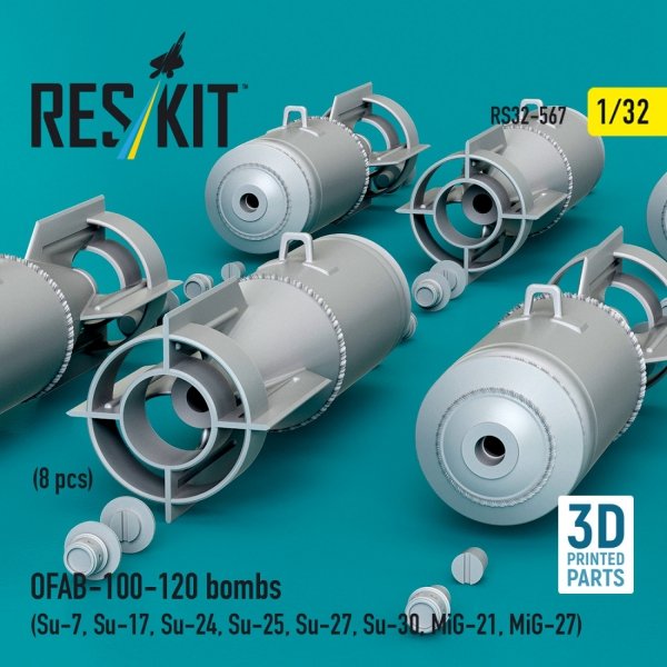 RESKIT RS32-0567 OFAB-100-120 bombs (8 pcs) (Su-7, Su-17, Su-24, Su-25, Su-27, Su-30, MiG-21, MiG-27) (3D Printed) (1/32)