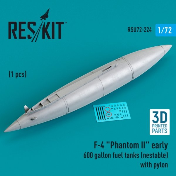 RESKIT RSU72-0224 F-4 &quot;PHANTOM II&quot; EARLY 600 GALLON FUEL TANK (NESTABLE) WITH PYLON (1 PCS) (3D PRINTED) 1/72