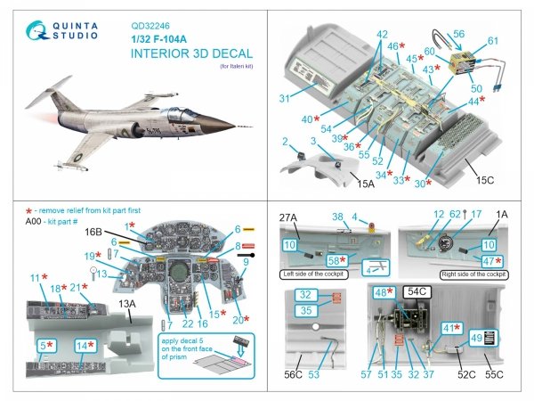 Quinta Studio QD32246 F-104A 3D-Printed &amp; coloured Interior on decal paper (Italeri) 1/32