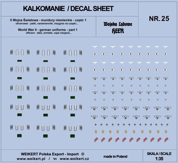 Weikert Decals DEC225 Mundury niemieckie - patki, naramienniki, insygnia na czapki - HEER - ver.1 - vol.25 1/35