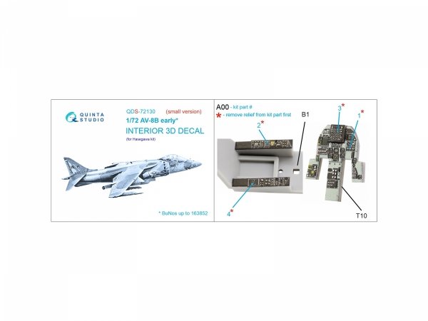 Quinta Studio QDS-72130 AV-8B early 3D-Printed coloured Interior on decal paper (Hasegawa) (small version) 1/72