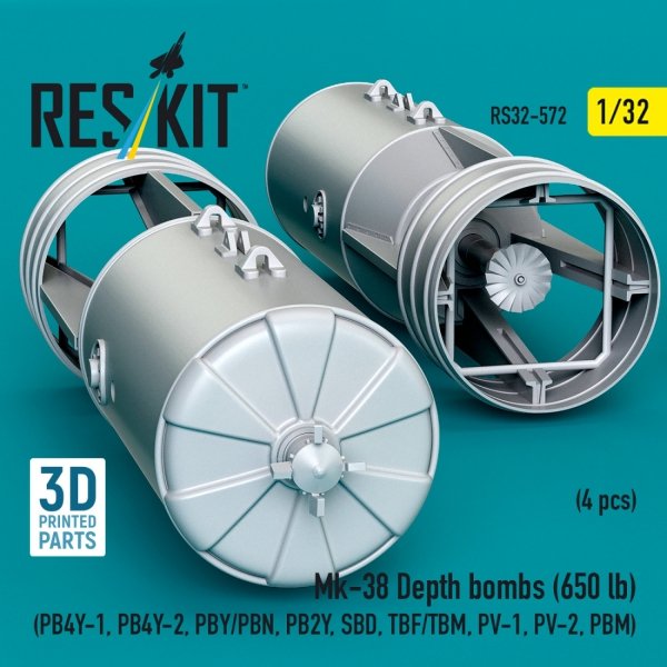 RESKIT RS32-0572 Mk-38 Depth bombs (650 lb) (4 pcs) (PB4Y-1, PB4Y-2, PBY/PBN, PB2Y, SBD, TBF/TBM, PV-1, PV-2, PBM) (3D Printed) (1/32)