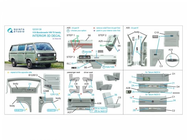 Quinta Studio QD35138 Bundeswehr VW T3 Family 3D-Printed &amp; coloured Interior on decal paper (Takom) 1/35