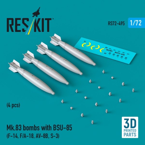 RESKIT RS72-0495 Mk.83 bombs with BSU-85 (4 pcs) (F-14, F/A-18, AV-8B, S-3) (3D printed) (1/72)