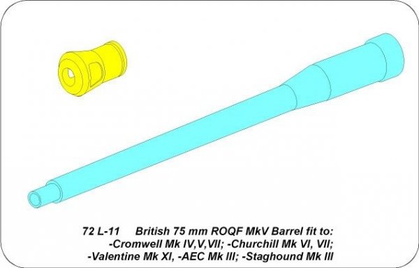 Aber 72L-11 Lufa 75mm ROQF MkV do: Cromwell Mk IV,V,VII; Churchill Mk VI, VII; Valentine Mk XI, AEC Mk III; Staghound Mk III / British 75mm ROQF MkV barrel fit to: Cromwell Mk.IV, V, VII, Churchil Mk. Vi, VII, Valentine Mk. XI, AEC Mk. III, Staghound Mk. 