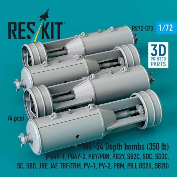 RESKIT RS72-0573 Mk-54 Depth bombs (350 lb) (4 pcs) (PB4Y-1, PB4Y-2, PBY/PBN, PB2Y, SB2C, SOC, SO3C, SC, SBD, JRF, J4F, TBF/TBM, PV-1, PV-2, PBM, PBJ, OS2U, SB2U) (3D Printed) (1/72)
